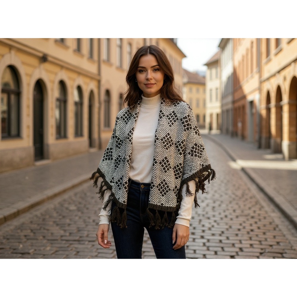 BCBGMAXAZRIA Women's Geometric Print Tassel‎ Fringe Shawl Cardigan Vest L boho